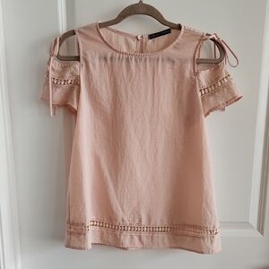 Pink Lace Trim Cold Shoulder Top